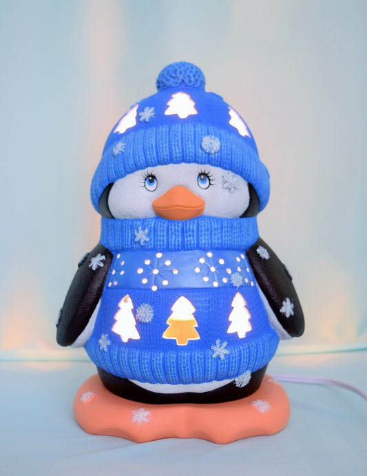 Ceramic Penguin - Lighted Penguin - Penguin night light in Blue sweater - Gift for Mom - Winter Decor - Penguin centerpiece - Cute Penguin