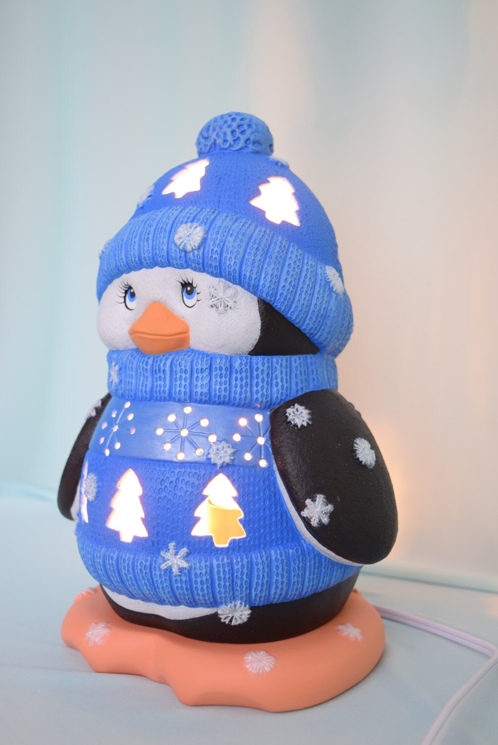 Ceramic Penguin - Lighted Penguin - Penguin night light in Blue sweater - Gift for Mom - Winter Decor - Penguin centerpiece - Cute Penguin