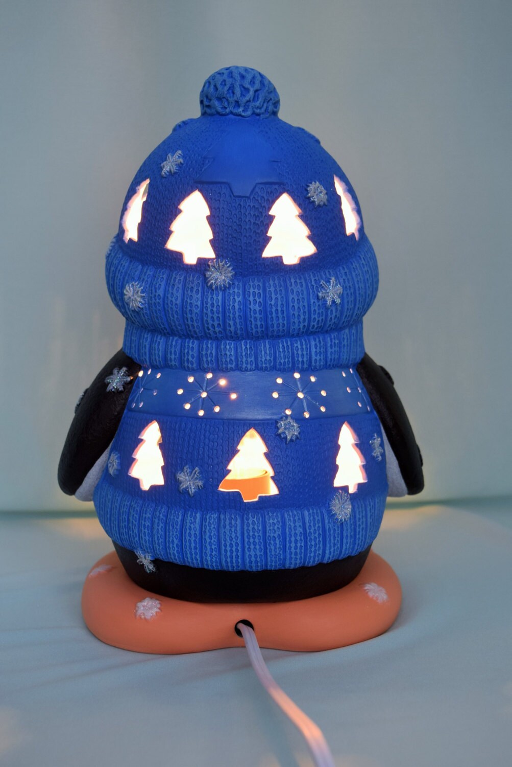 Ceramic Penguin - Lighted Penguin - Penguin night light in Blue sweater - Gift for Mom - Winter Decor - Penguin centerpiece - Cute Penguin