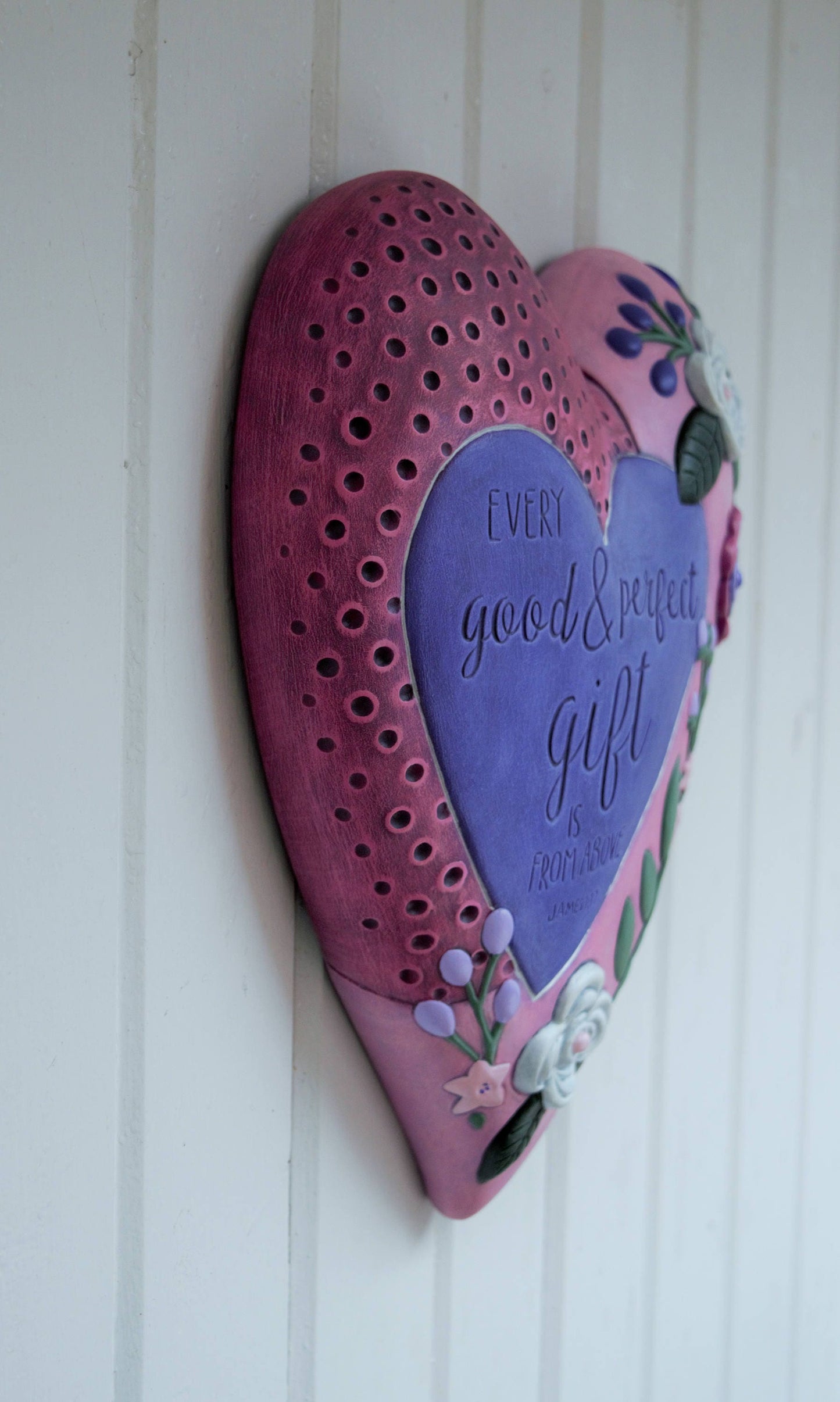 Heart Wall Hanging - Valentines Gift - Spiritual Gift - Garden Art - Biblical Wall Art - Floral Heart Wall Decor - Ceramic Heart Plaque