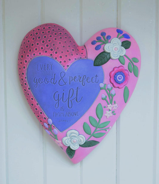 Heart Wall Hanging - Valentines Gift - Spiritual Gift - Garden Art - Biblical Wall Art - Floral Heart Wall Decor - Ceramic Heart Plaque