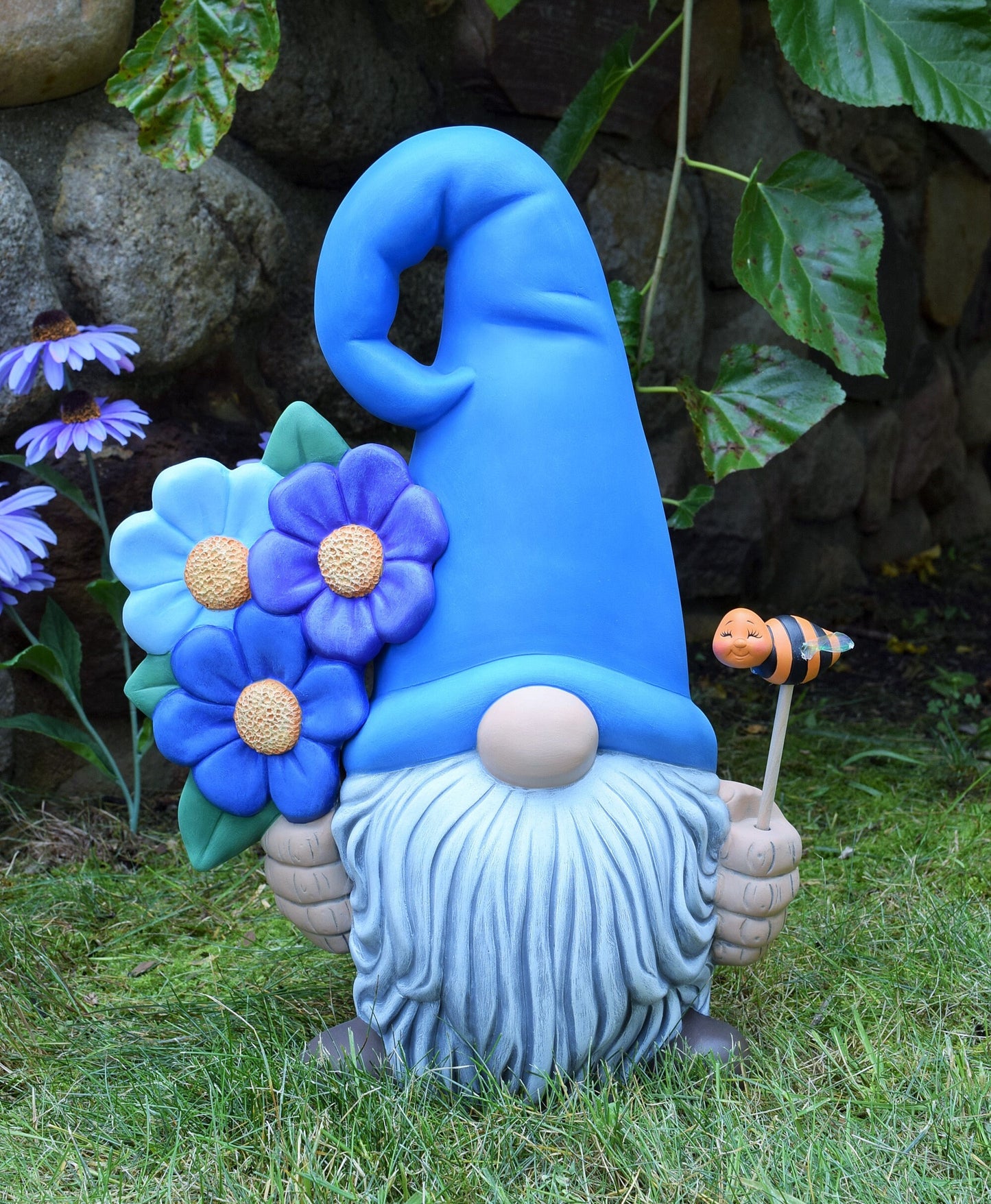 Large Garden Gnome Figure | Gnome with Bee and Flowers | Spring and Summer Gnome | Father's Day Gift | Yard Art | Garden Decor | Flower Gonk