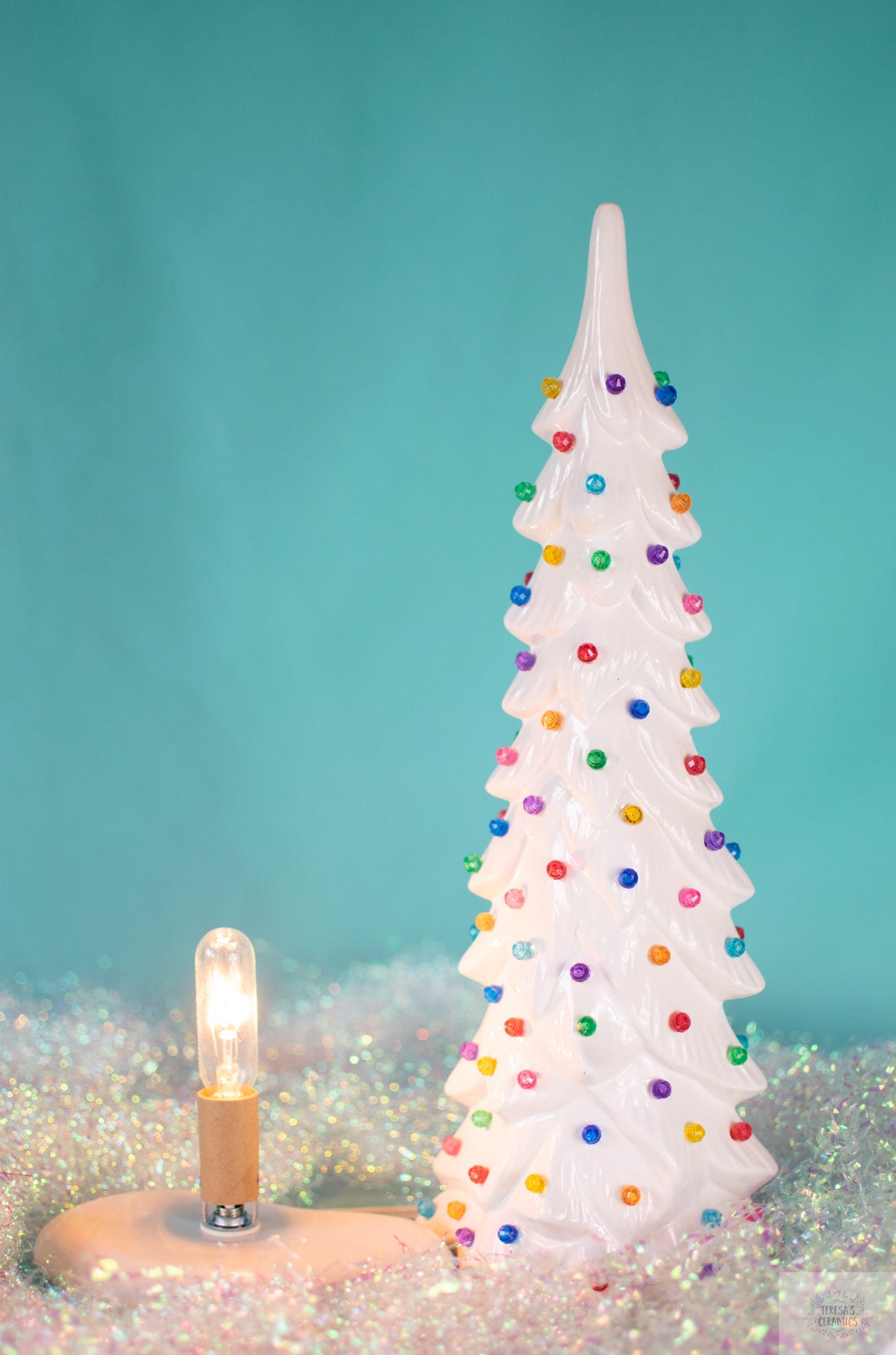 Ceramic Christmas Tree | Wispy Pine Style | White Glaze With Multicolor Lights