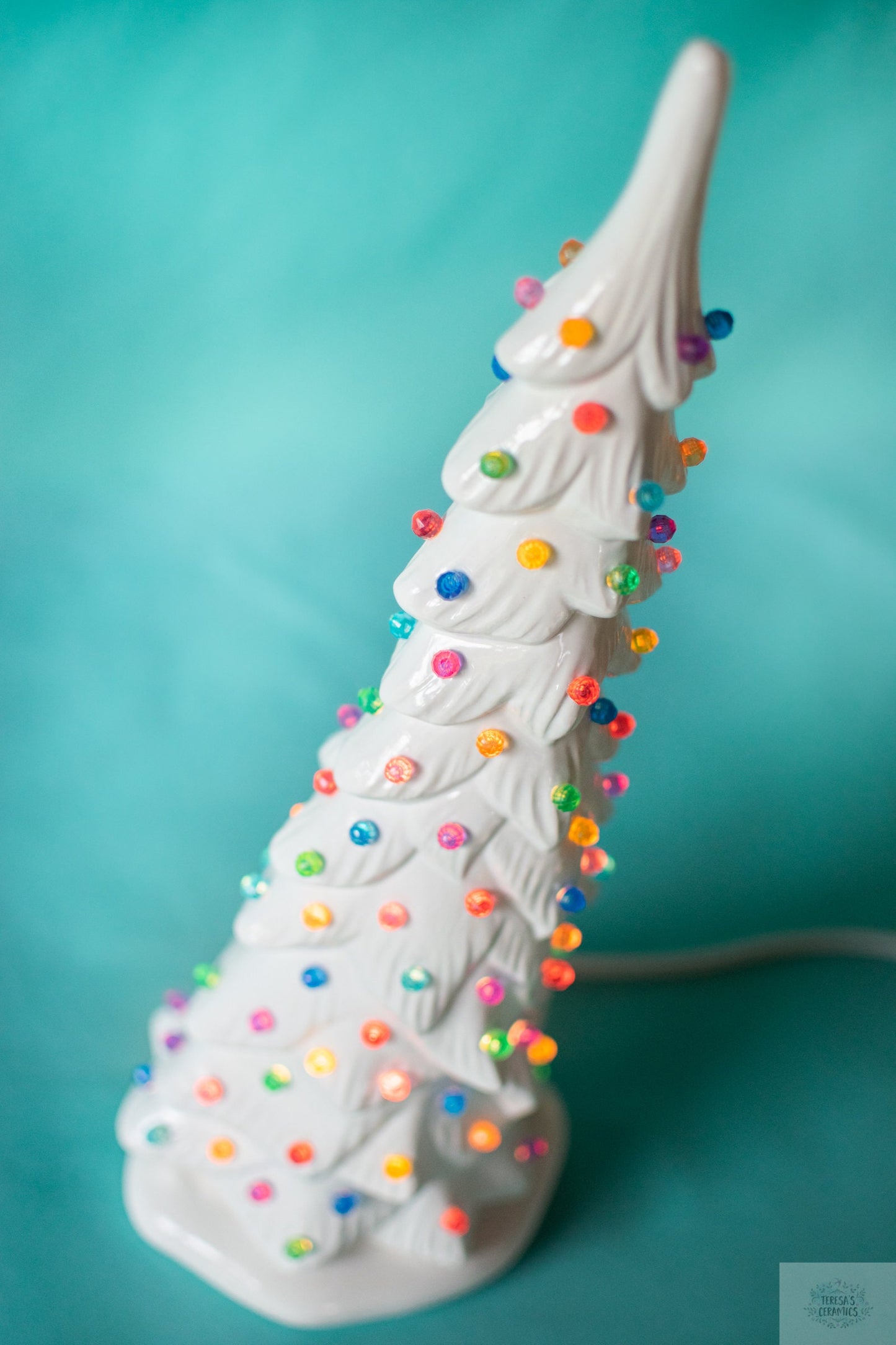 Ceramic Christmas Tree | Wispy Pine Style | White Glaze With Multicolor Lights