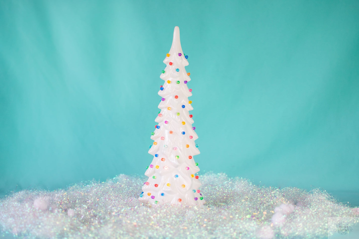 Ceramic Christmas Tree | Wispy Pine Style | White Glaze With Multicolor Lights