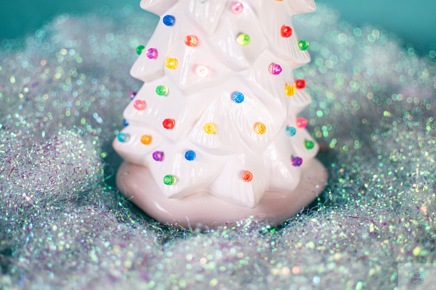 Ceramic Christmas Tree | Wispy Pine Style | White Glaze With Multicolor Lights