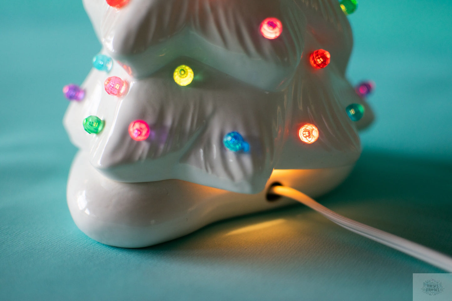 Ceramic Christmas Tree | Wispy Pine Style | White Glaze With Multicolor Lights