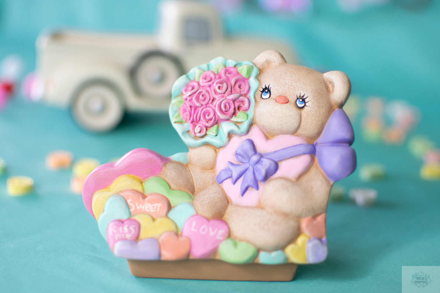 Valentine Bear Insert | Valentine Bouquet Truck | Bear With Flowers | Valentine Candy Truck | Pickup Truck Decor | Farmhouse Valentine