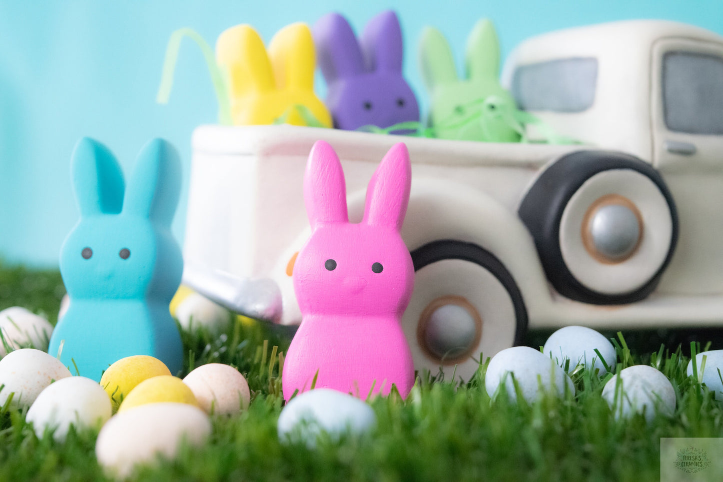 Marshmallow Easter Bunnies | Bunnies In A Pickup | Retro Easter Truck | Rainbow Spring Decor