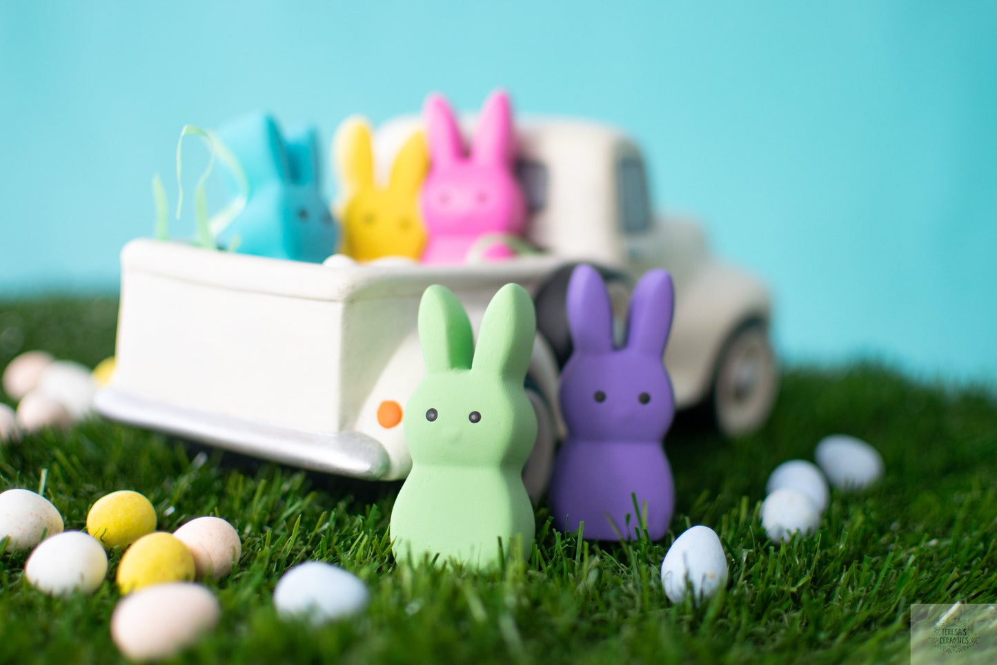 Marshmallow Easter Bunnies | Bunnies In A Pickup | Retro Easter Truck | Rainbow Spring Decor