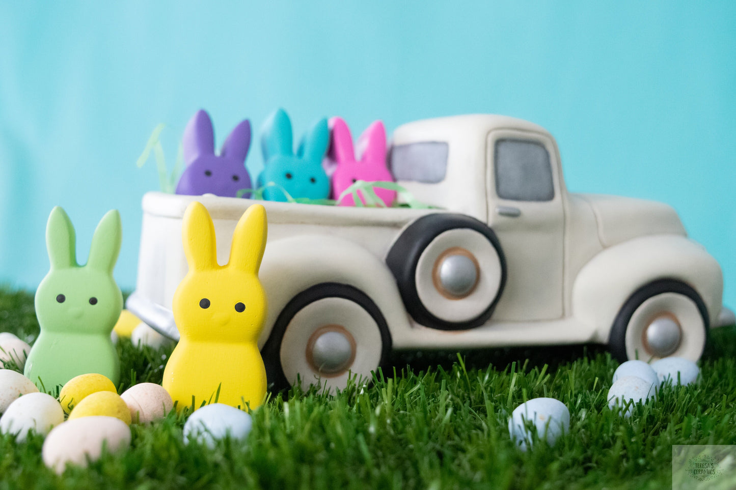 Marshmallow Easter Bunnies | Bunnies In A Pickup | Retro Easter Truck | Rainbow Spring Decor