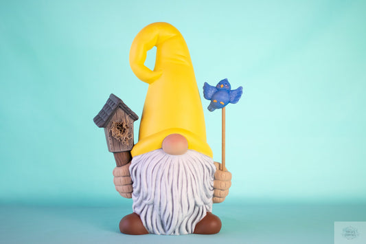 Large Garden Gnome | Birdhouse Gnome | Gnome statue | Woodland Gnome | Backyard decor | Ceramic gnome | Blue Bird Decoration