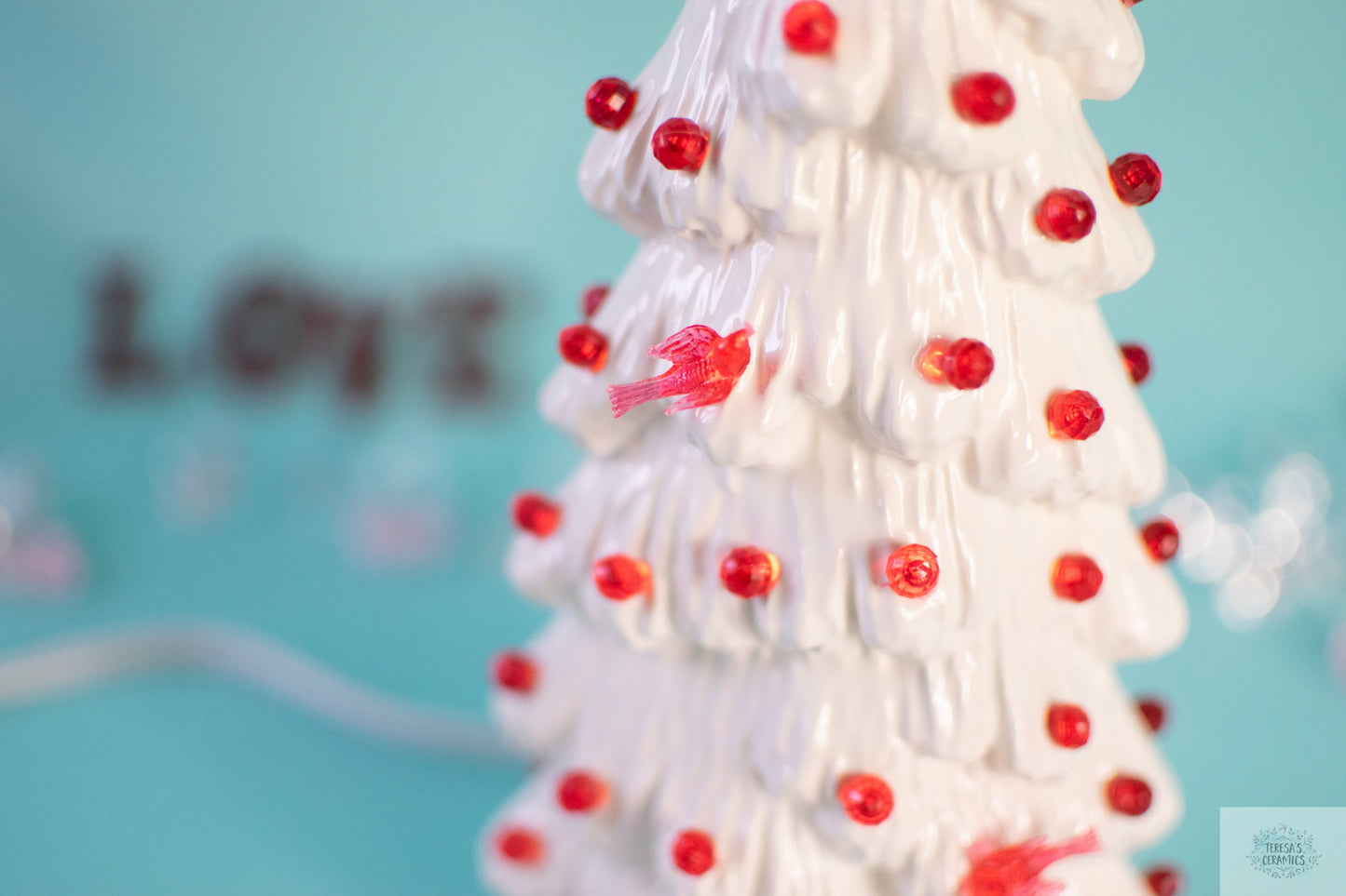 Ceramic White Tree | Cardinal Tree | Red Bulb Ornaments | Valentine Tree