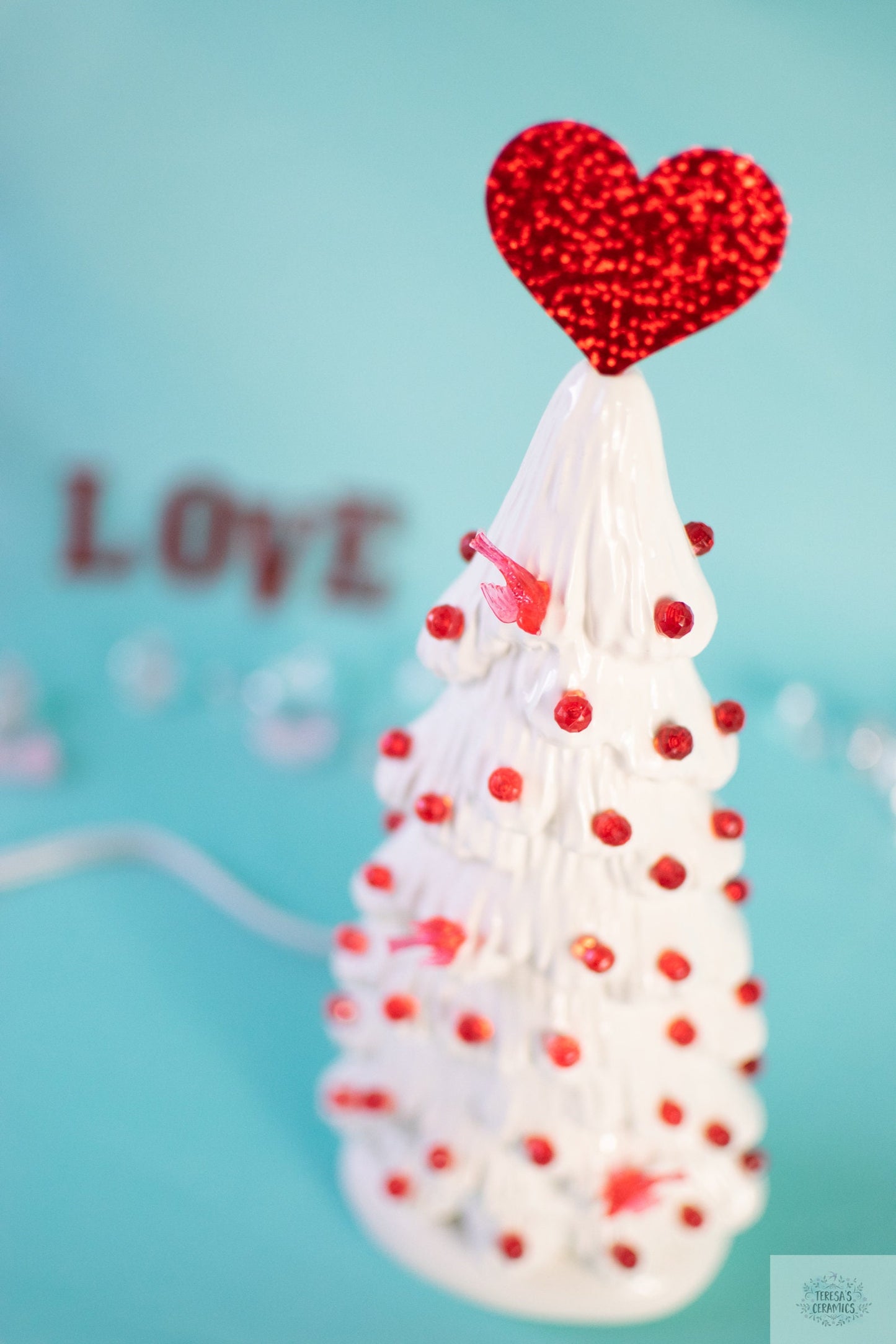 Ceramic White Tree | Cardinal Tree | Red Bulb Ornaments | Valentine Tree