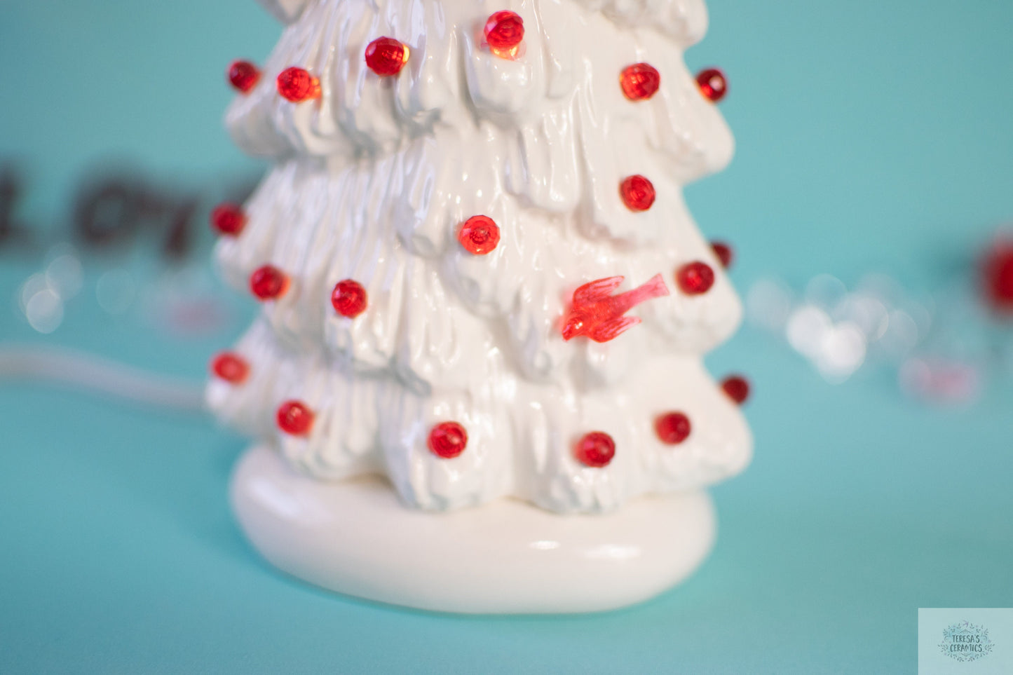 Ceramic White Tree | Cardinal Tree | Red Bulb Ornaments | Valentine Tree