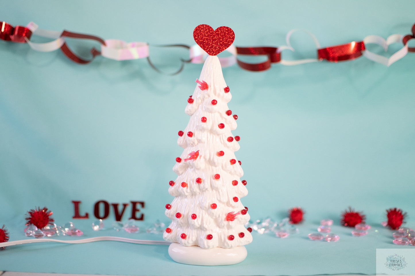 red and white valentine themed christmas tree