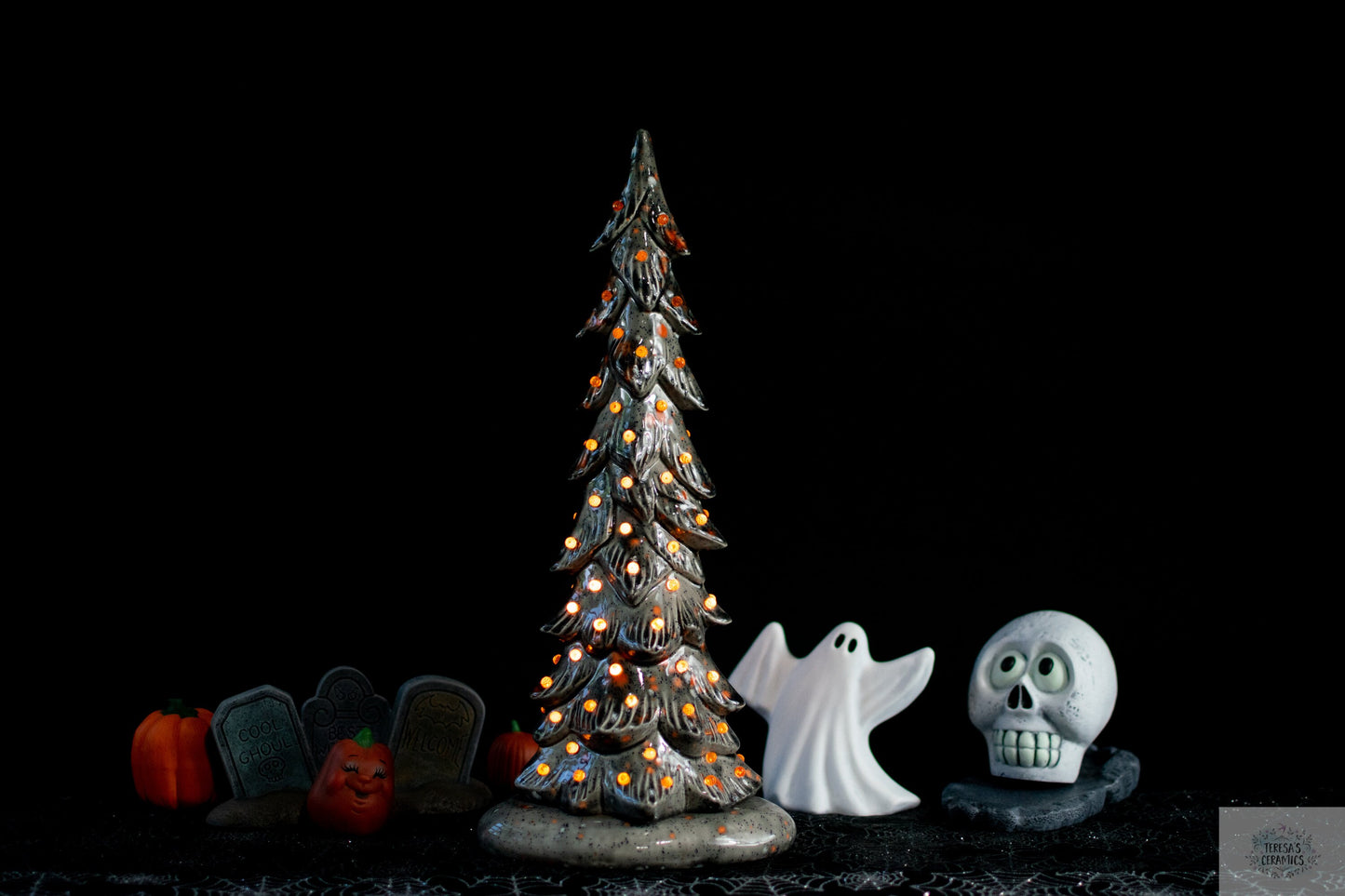 Harvest Ceramic Tree | Glazed Halloween Tree | Gray Wispy Pine | Fall Tree Light | Heirloom Ceramic Tree