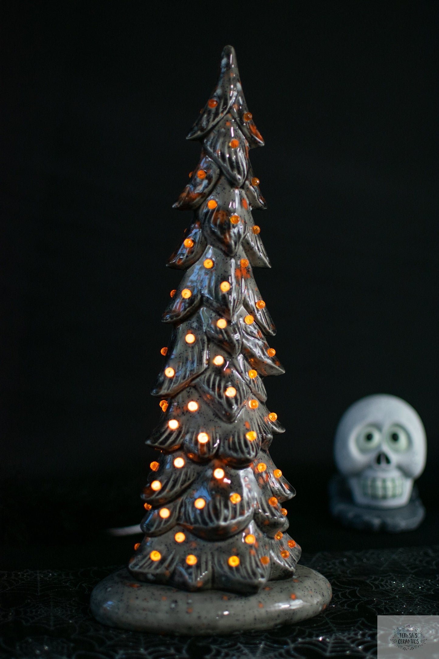 Harvest Ceramic Tree | Glazed Halloween Tree | Gray Wispy Pine | Fall Tree Light | Heirloom Ceramic Tree