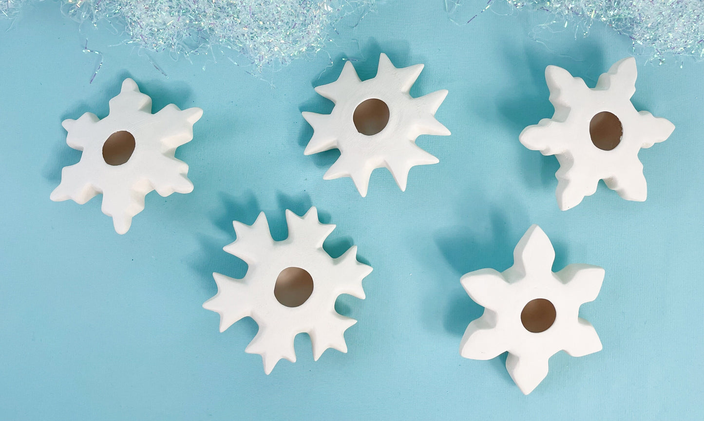 Ready To Paint | 5 Snowflake Ornaments | DIY Christmas Ornaments | Bisque Ceramic Snowflakes