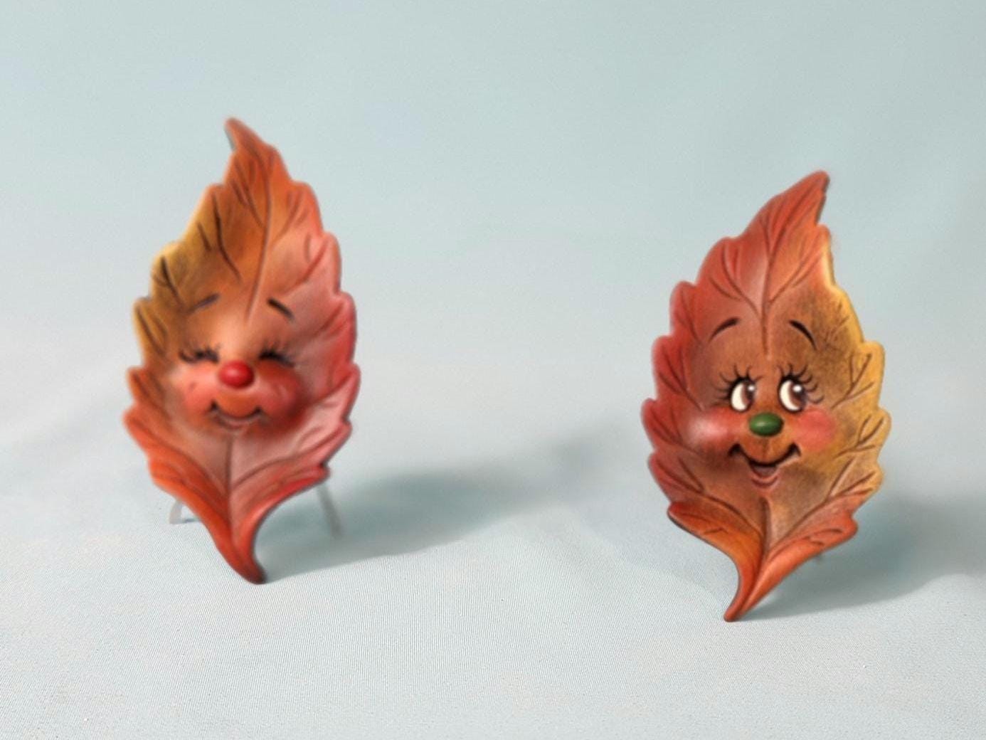 Two Ceramic Birch Leaf Autumn Decorations Characters