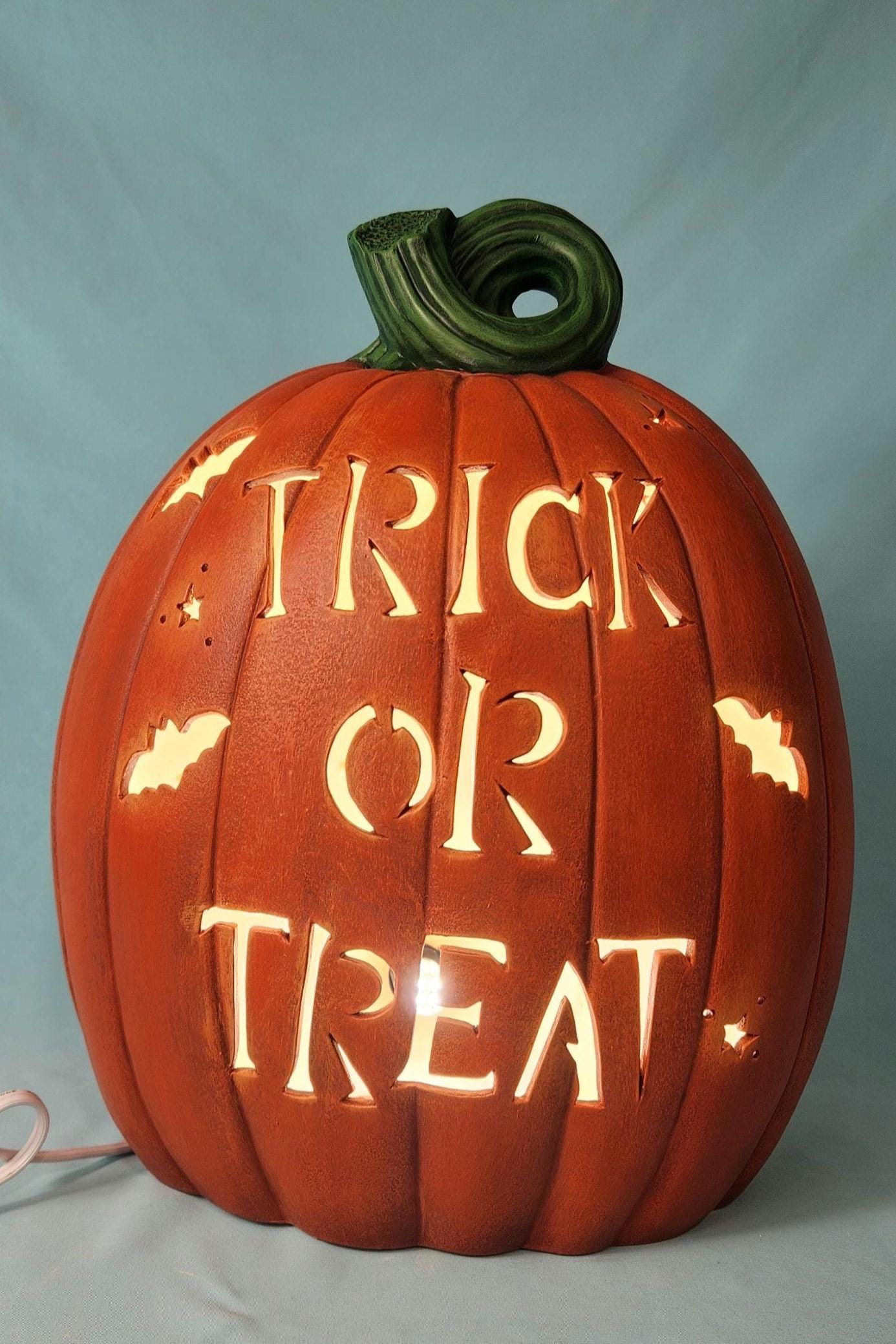 Beautiful Light Up Trick Or Treat Ceramic Pumpkin