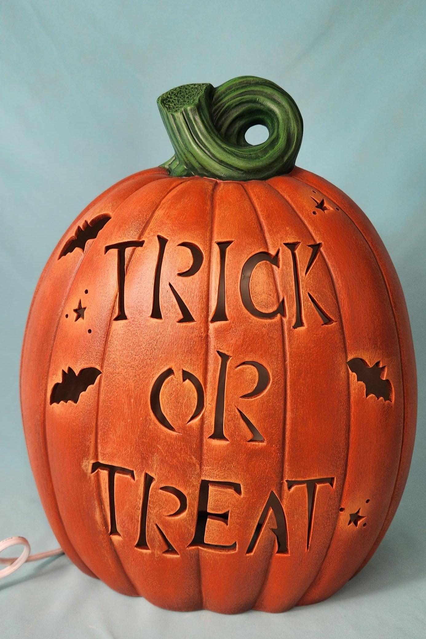 Beautiful Light Up Trick Or Treat Ceramic Pumpkin