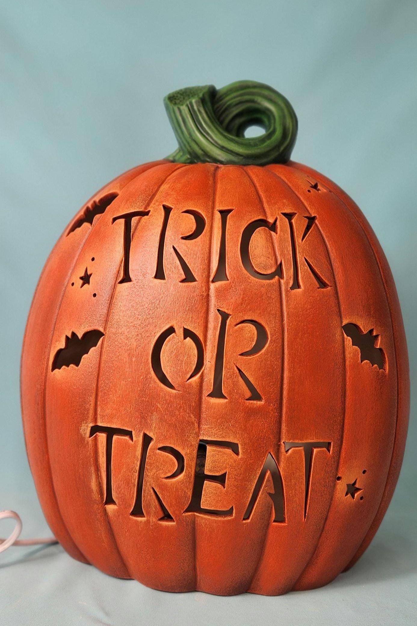 Beautiful Light Up Trick Or Treat Ceramic Pumpkin