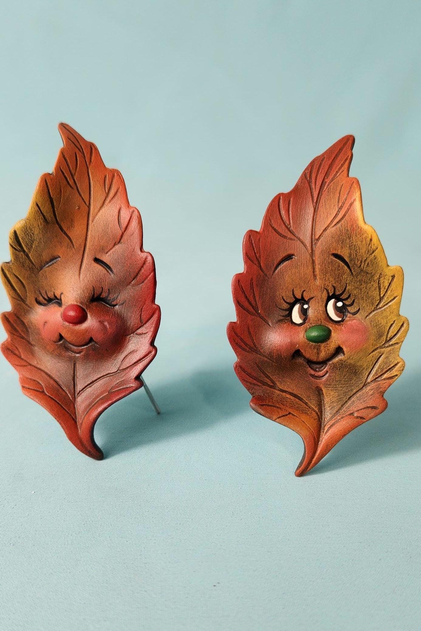 Two Ceramic Birch Leaf Autumn Decorations Characters