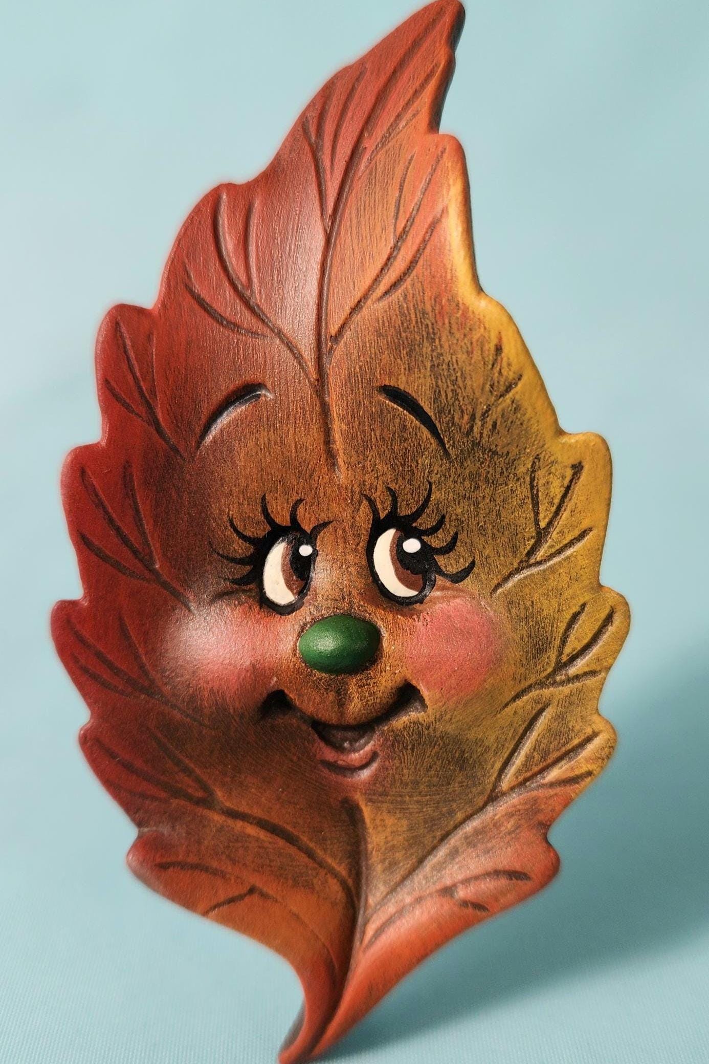 Two Ceramic Birch Leaf Autumn Decorations Characters