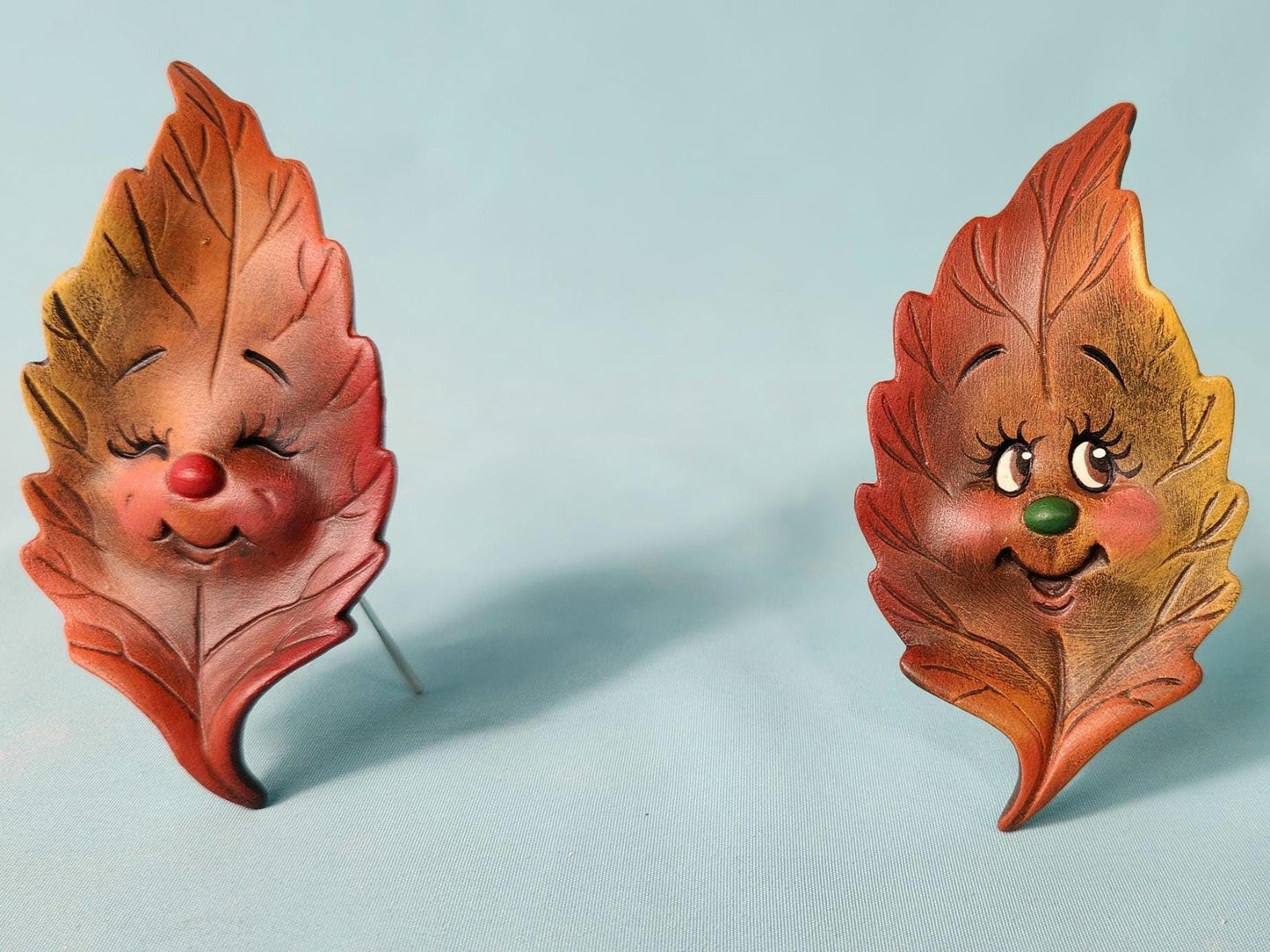 Two Ceramic Birch Leaf Autumn Decorations Characters