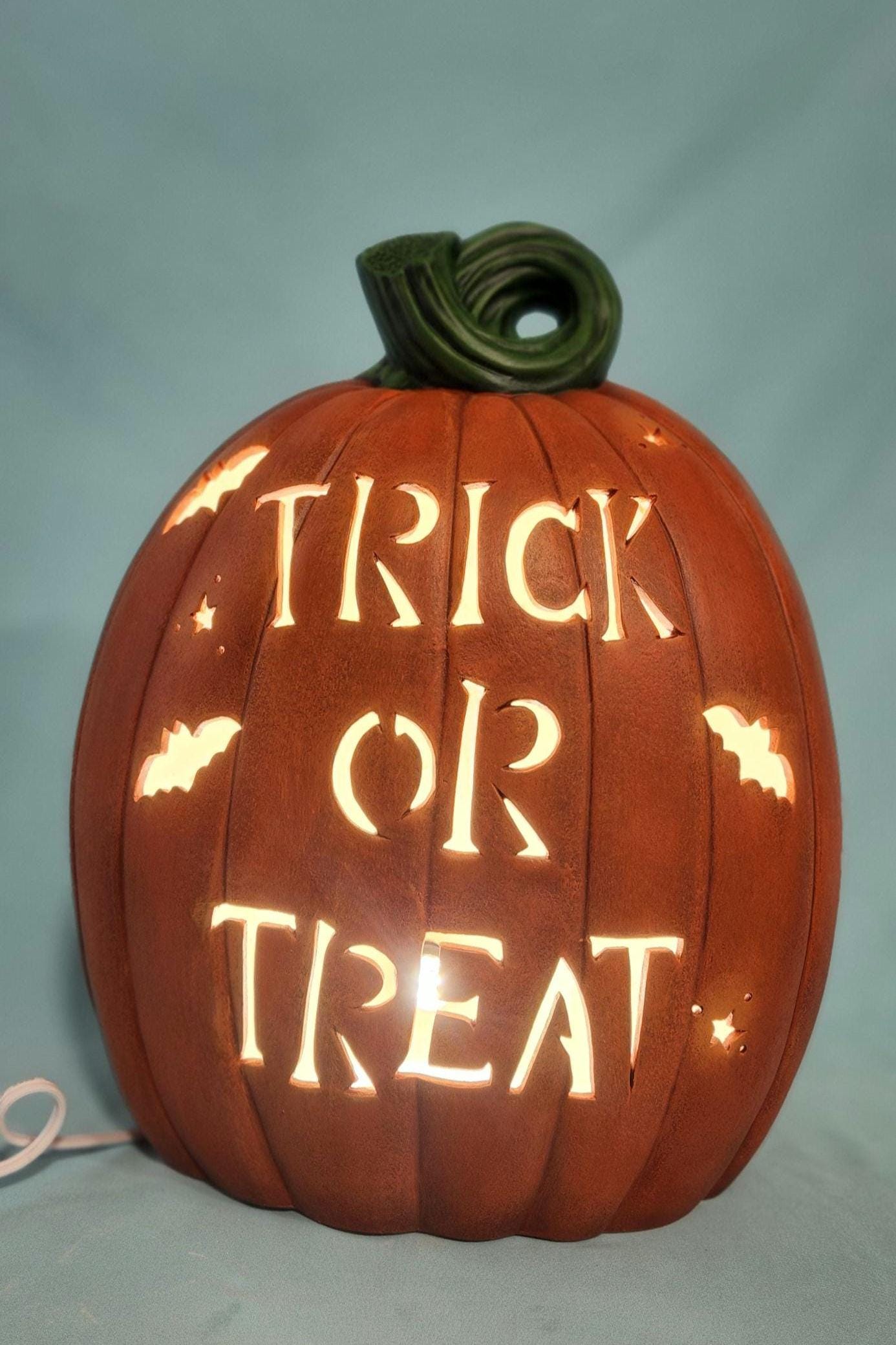 Beautiful Light Up Trick Or Treat Ceramic Pumpkin