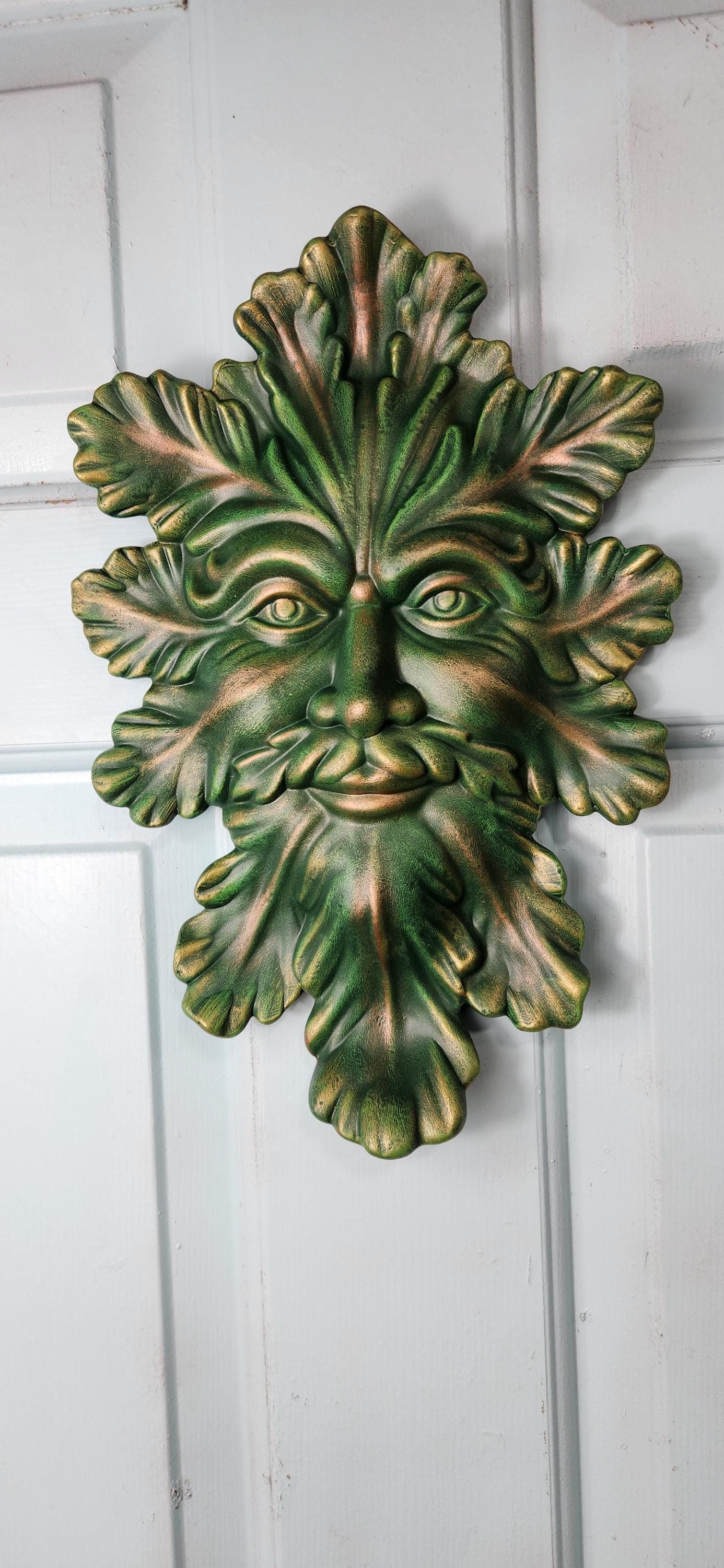 Leafman - Greenman - Nature man - Yard Art - Garden Decor - Green Leaf Face - Green - Copper - Gold - Leafman Plaque - Outdoor Wall Hanging