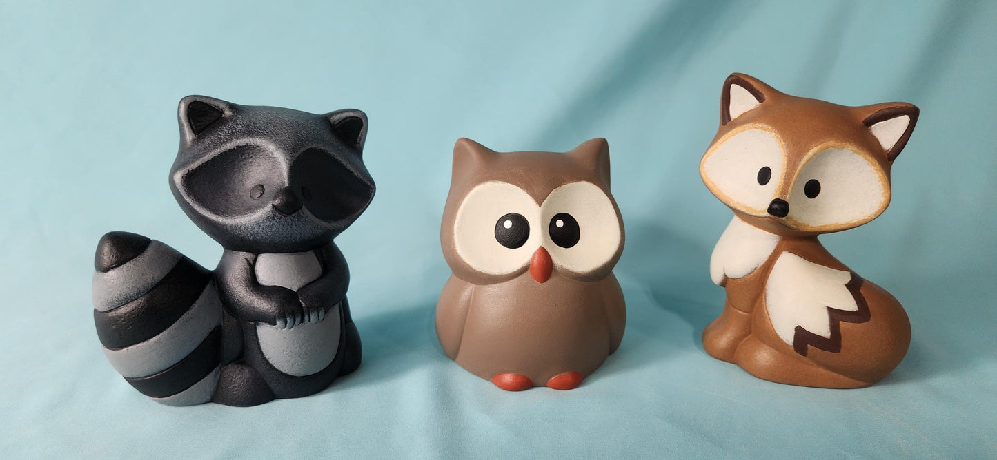 Set of three Ceramic Woodland animals - Baby Owl - Baby Fox - Baby Raccoon