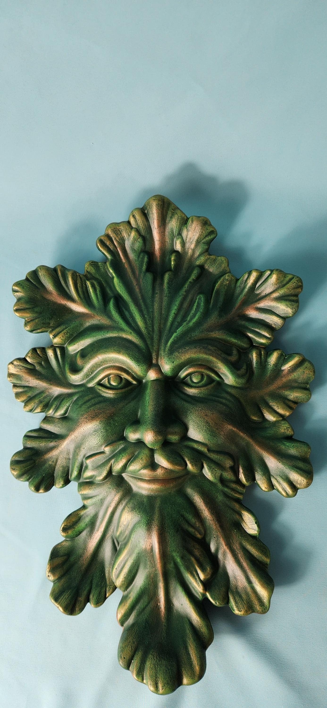 Leafman - Greenman - Nature man - Yard Art - Garden Decor - Green Leaf Face - Green - Copper - Gold - Leafman Plaque - Outdoor Wall Hanging