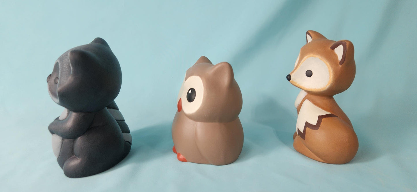 Set of three Ceramic Woodland animals - Baby Owl - Baby Fox - Baby Raccoon