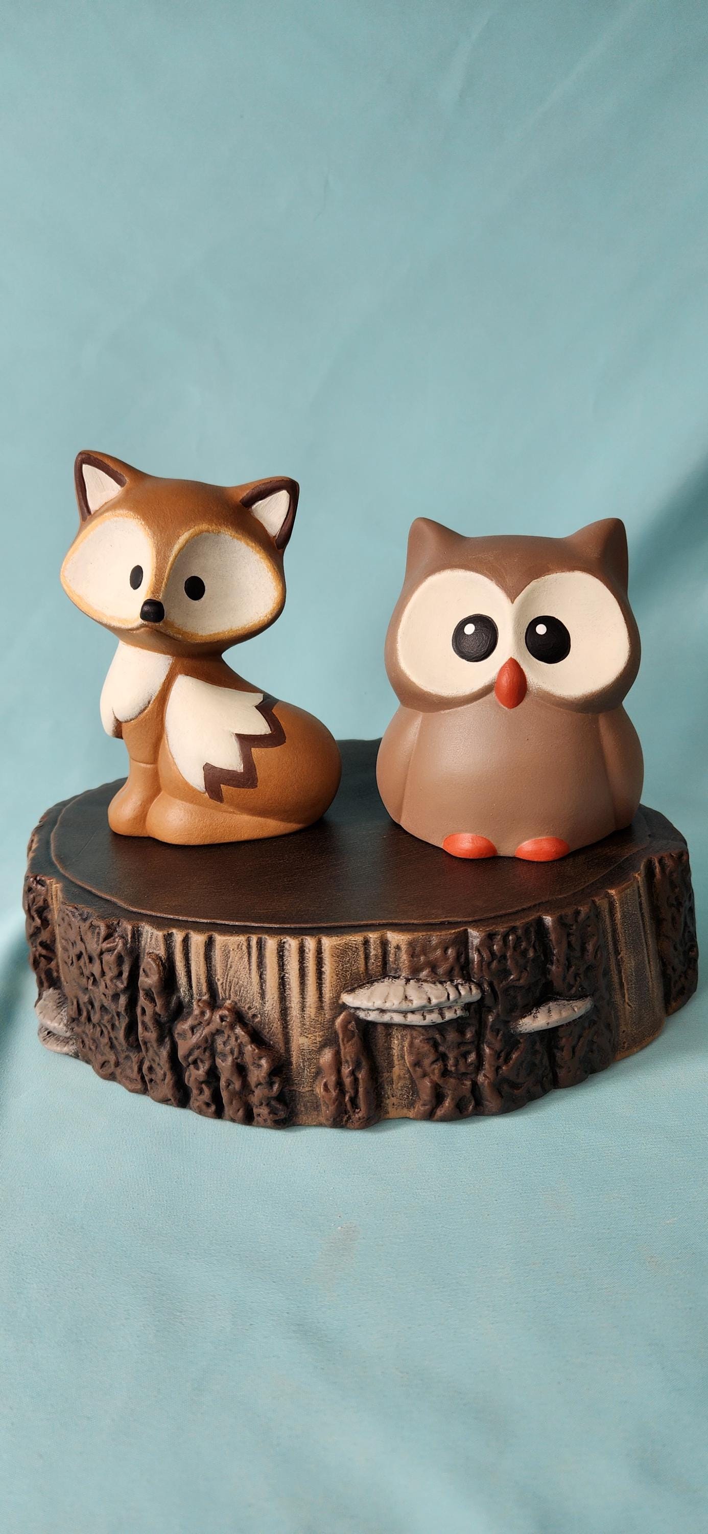 Set of three Ceramic Woodland animals - Baby Owl - Baby Fox - Baby Raccoon