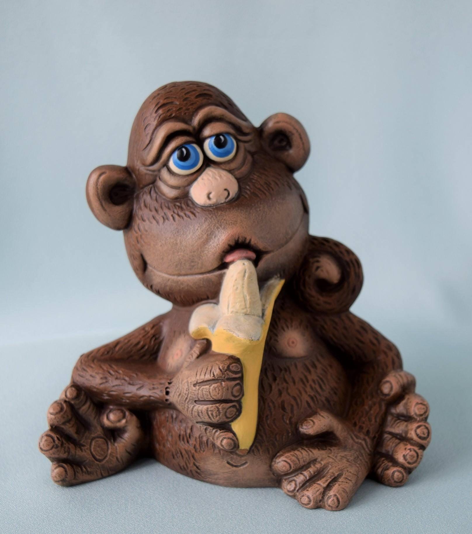 Monkey Figurine | Monkey Nursery Decor | Monkey With Banana - Teresa&#39;s Ceramics