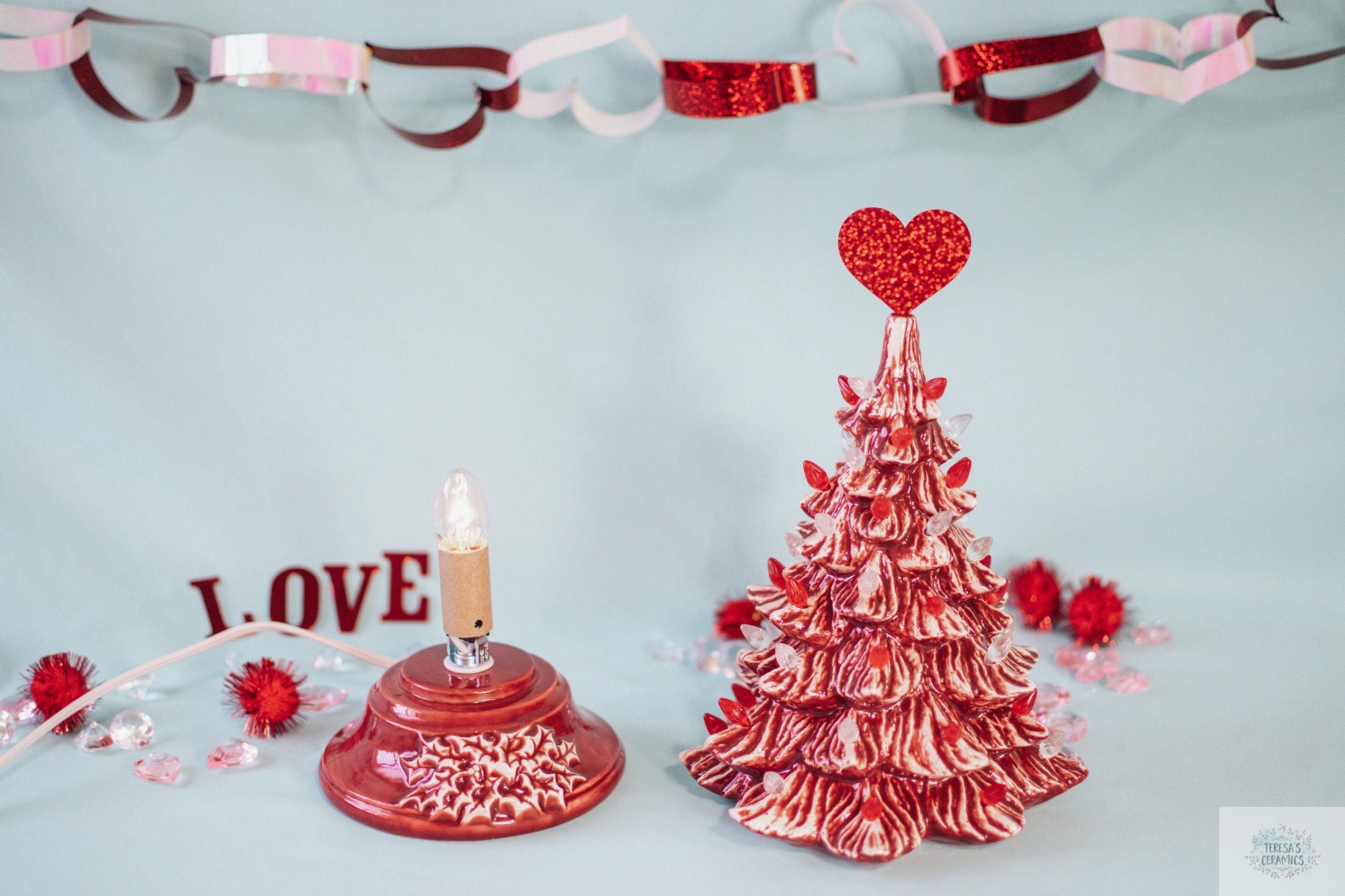 Valentine Tree | Ceramic Tree Light | Red Striped Tree - Teresa&#39;s Ceramics