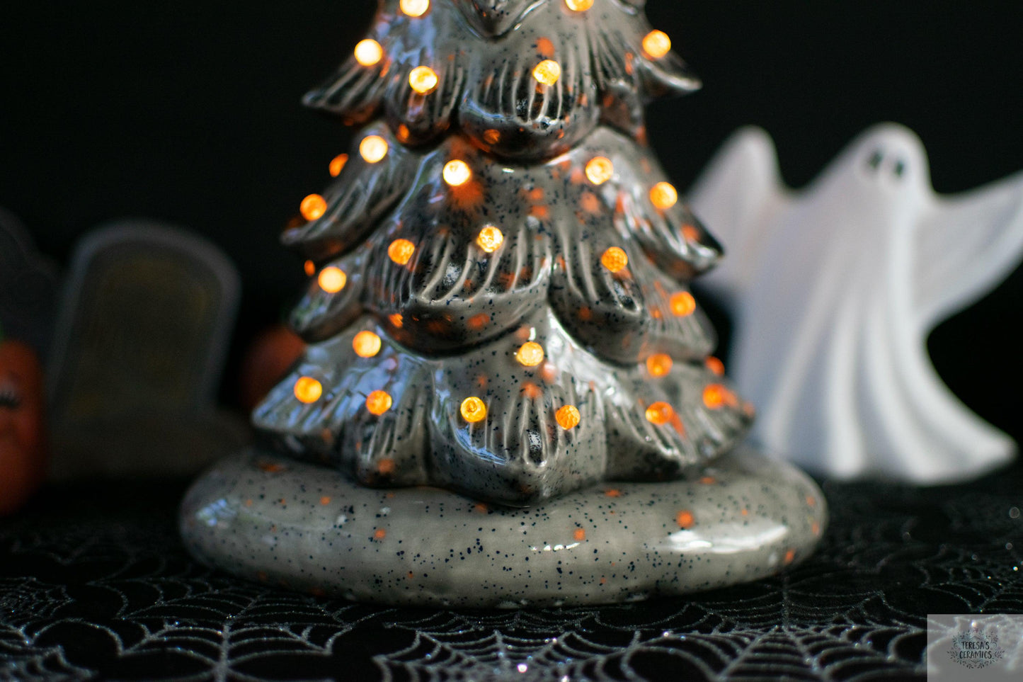 Harvest Ceramic Tree | Fall Night Light | Glazed Gray Wispy Pine | Halloween Tree Light - Teresa&#39;s Ceramics