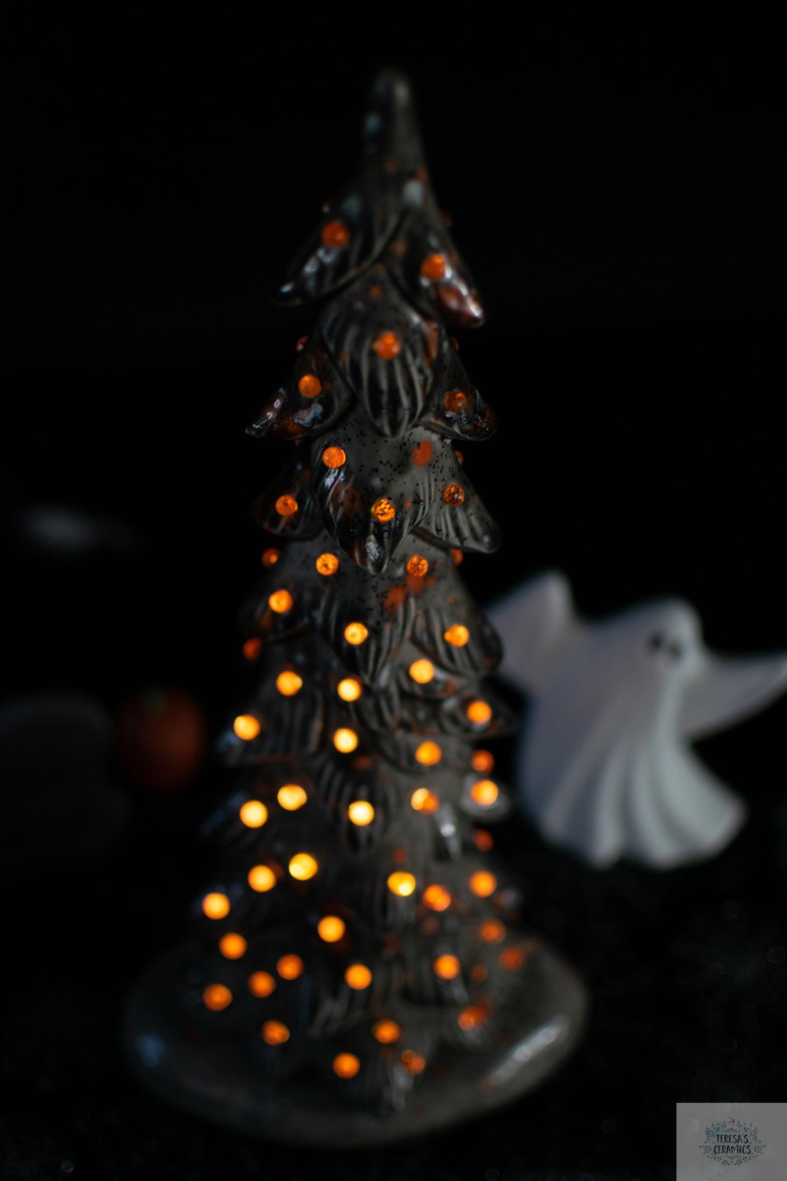 Harvest Ceramic Tree | Fall Night Light | Glazed Gray Wispy Pine | Halloween Tree Light - Teresa&#39;s Ceramics