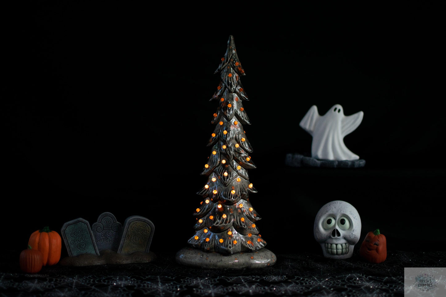 Harvest Ceramic Tree | Fall Night Light | Glazed Gray Wispy Pine | Halloween Tree Light - Teresa&#39;s Ceramics