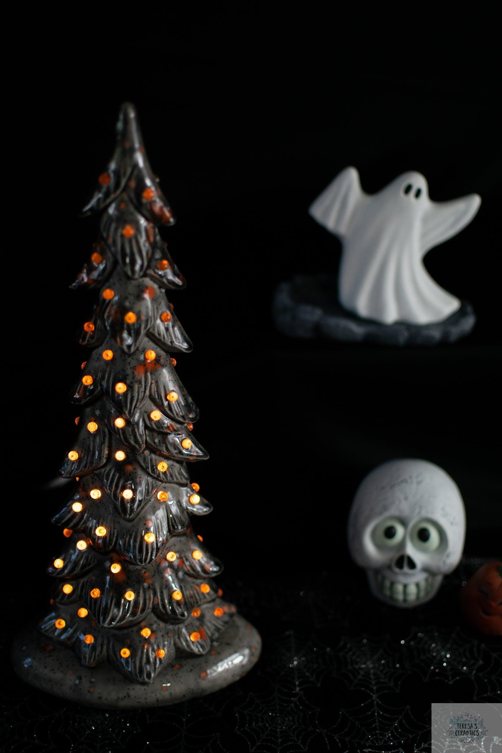 Harvest Ceramic Tree | Fall Night Light | Glazed Gray Wispy Pine | Halloween Tree Light - Teresa&#39;s Ceramics