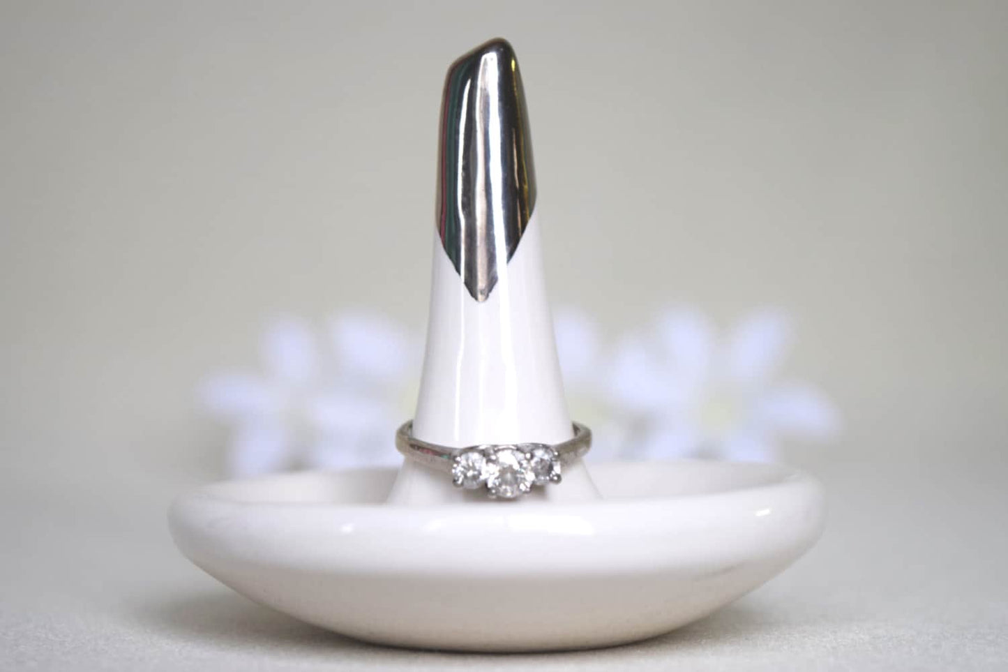 white and silver handmade wedding ring holder ceramic