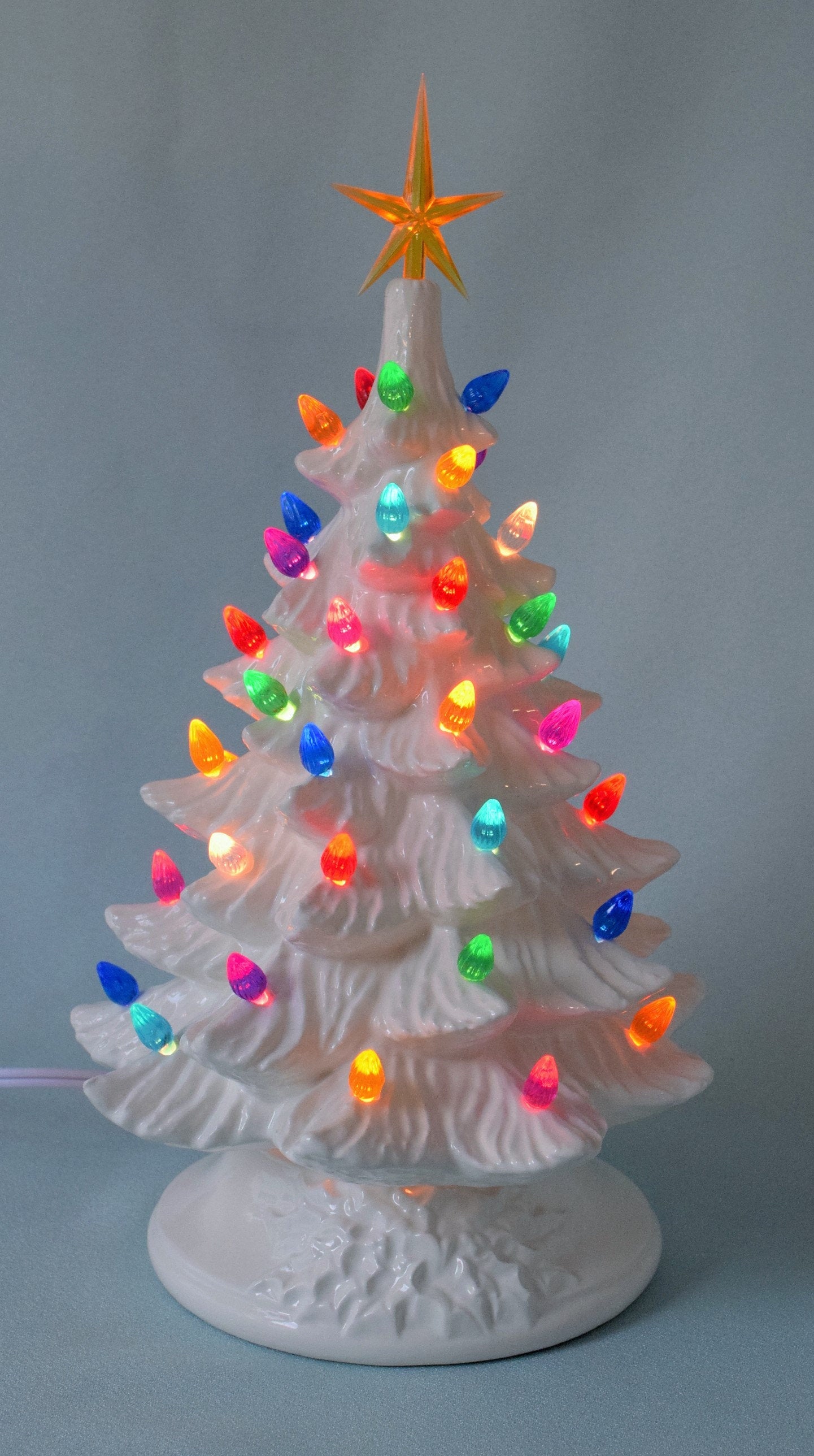White Ceramic Christmas Tree With Multicolored Lights Antique Farmhouse